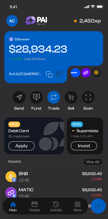 PAI Wallet home screen — balance, assets, send/receive